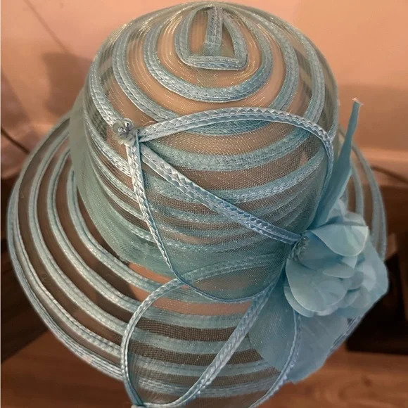Blue Organza and straw hat flower accent perfect for derby, church, wedding - Picture 2 of 6